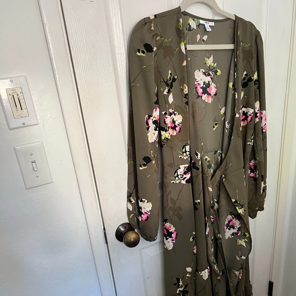 Green Floral Long Sleeve Wrap Dress